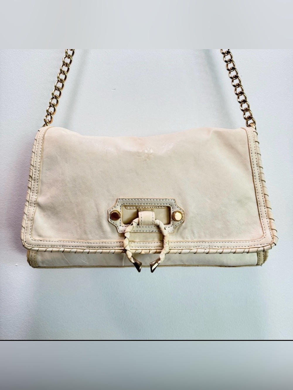 Vintage Nanette Lepore Beige Leather Shoulder Bag‎ Envelope Purse Chain Strap
